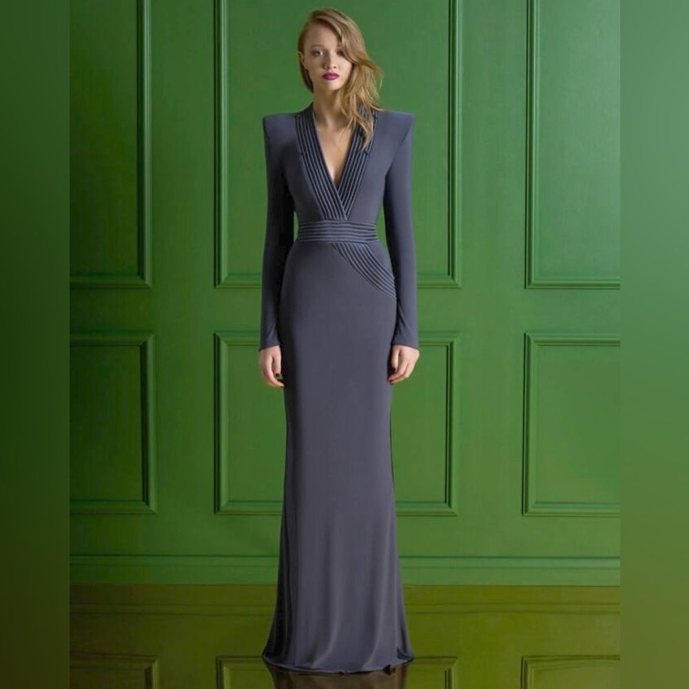 ZHIVAGO The Heiress Gown in Stretch-jersey Long-sleeve Gray Maxi Dress